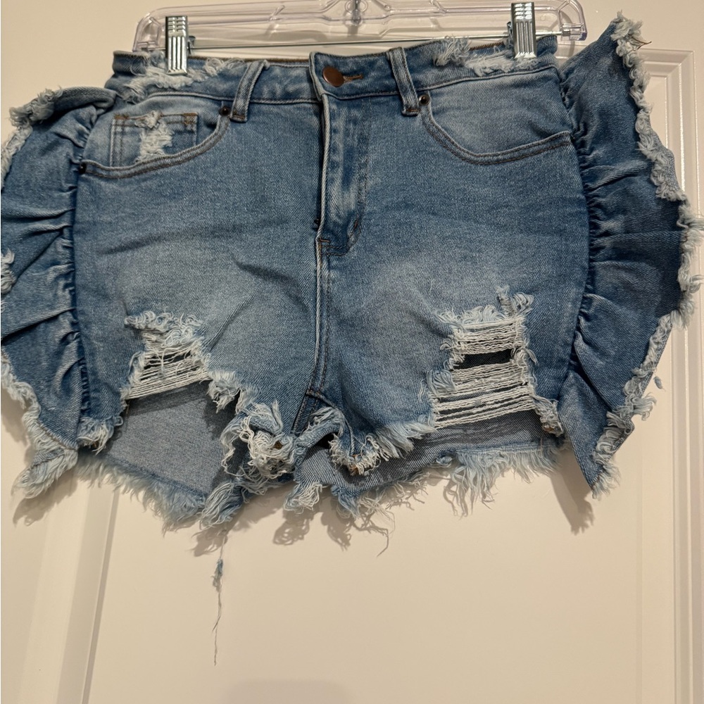 Distressed Denim Ruffle Shorts